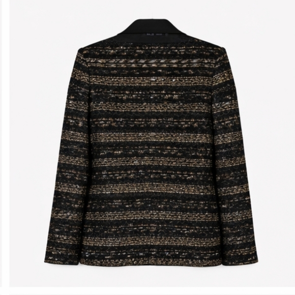 ST JOHN Metallic Knit Jacket Satin Lapels Black Gold Silver 4 S - Picture 6 of 14